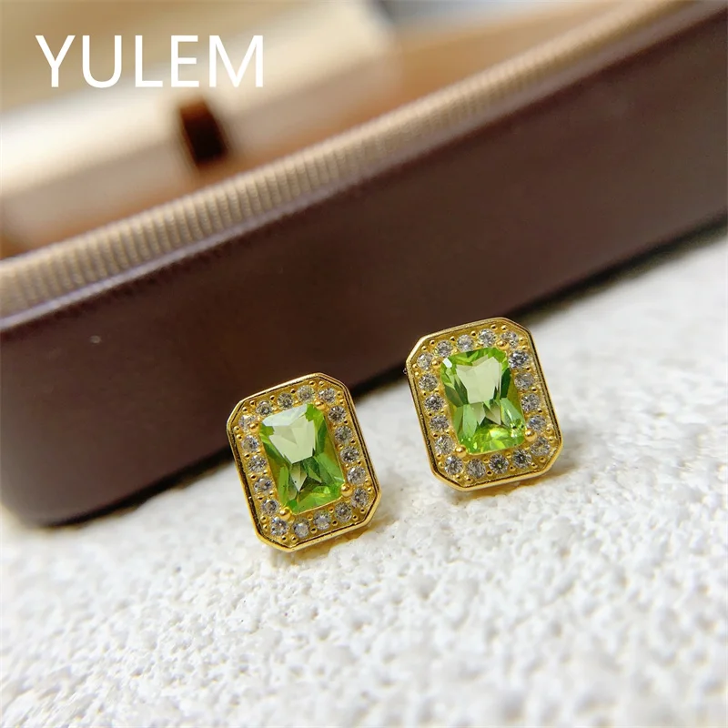 YULEM Natural Peridot‌ Earrings Clean-cut Gemstone in Radiant Shape, Featuring 4x6mm Rectangle Stone  925 Sterling Silver