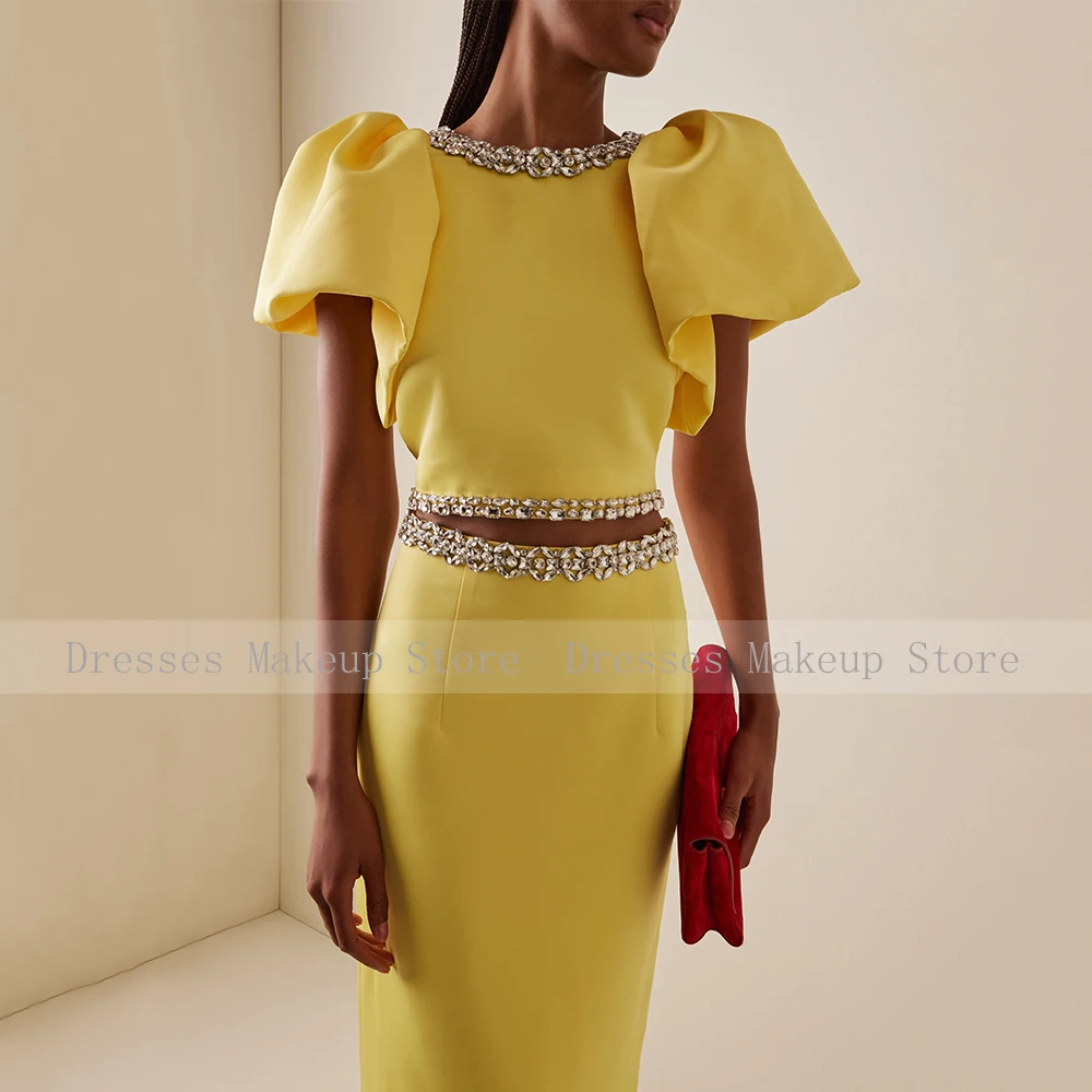 Customized Modern Cocktail Dress Maxi 2 Pieces Crystal O Neck Yellow Prom Gowns for Women Puff Sleeves Column Formal Party Dress image 3