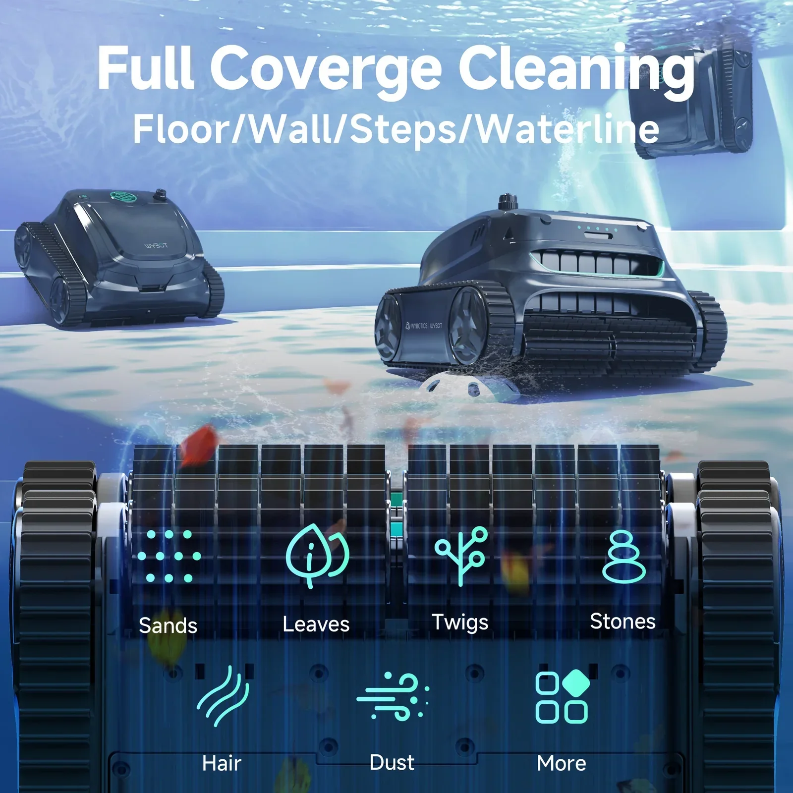 Swimming Pool Robotic Cleaner Walls and Background for Large Family Pool Double Level Filtration Superior Suction Power APP