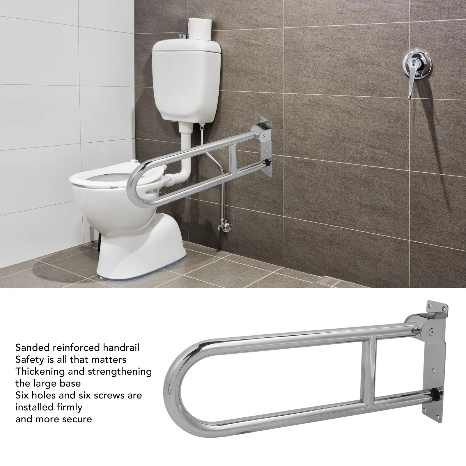 Flip Up Bathroom Toilet Grab Bar Stainless Steel Ergonomics 90° Vertical Rotation Wall Mount Toilet Handrails for Old People