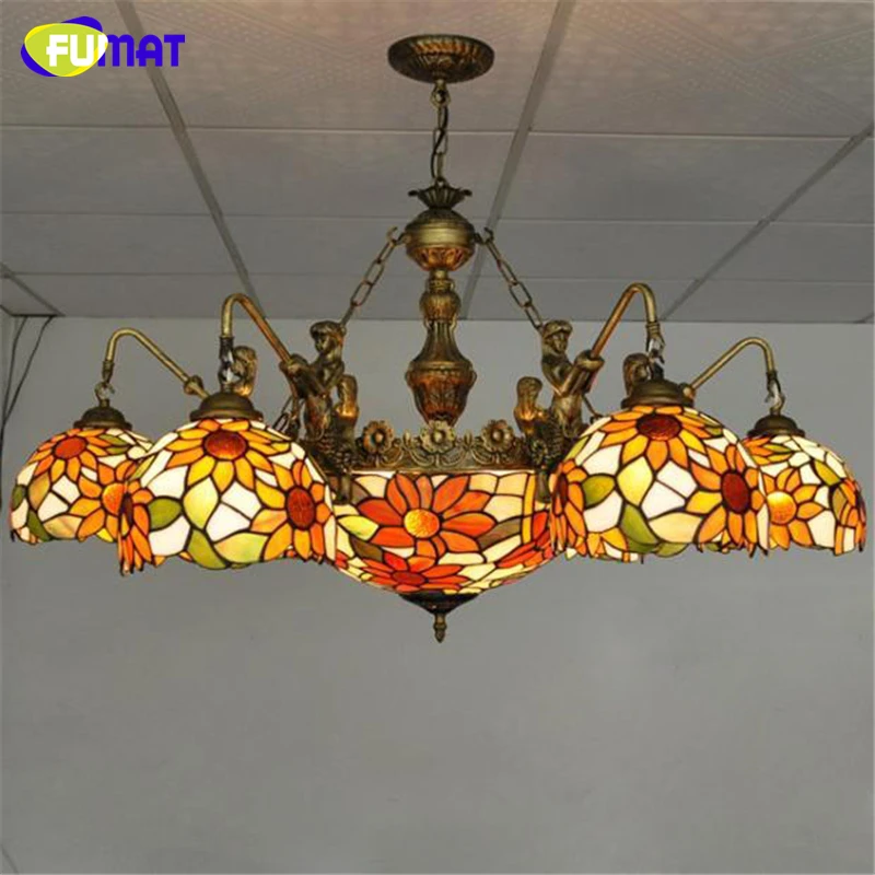 FUMAT Sunflower Shape Chandelier European Vintage Stained Glass Light Living Room Foyer Glass Art Lustre Chandeliers Lightings