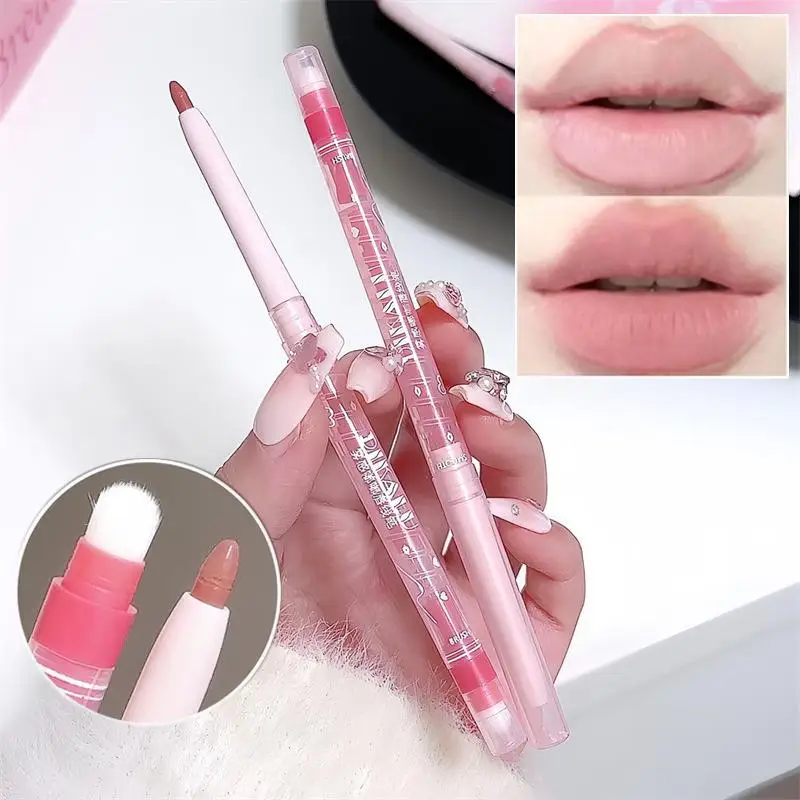 Matita per labbra opaca a doppia testa Penna per rossetto a lunga durata Tazza antiaderente Matita per labbra in velluto impermeabile con pennello Cosmetici per il trucco