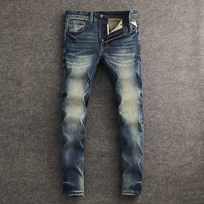 Fashion Designer Men Jeans High Quality Retro Washed Blue Stretch Slim Fit Ripped Jeans Men Y2K Vintage Denim Pants Hombre