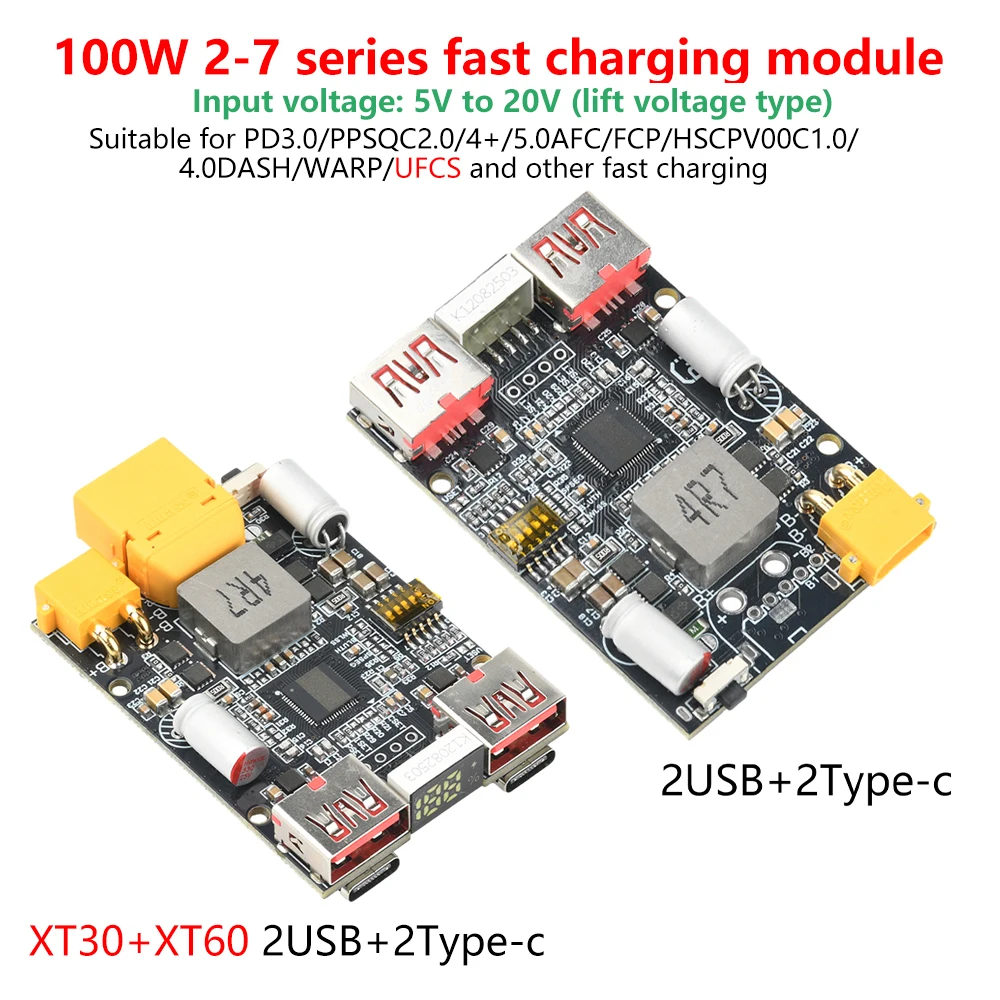 100W Bidirectional Boost Buck Charging Module 2-7S LiFePO4 Lithium Battery Fast Charger Board PD QC AFC FCP Type-C USB Power Ban