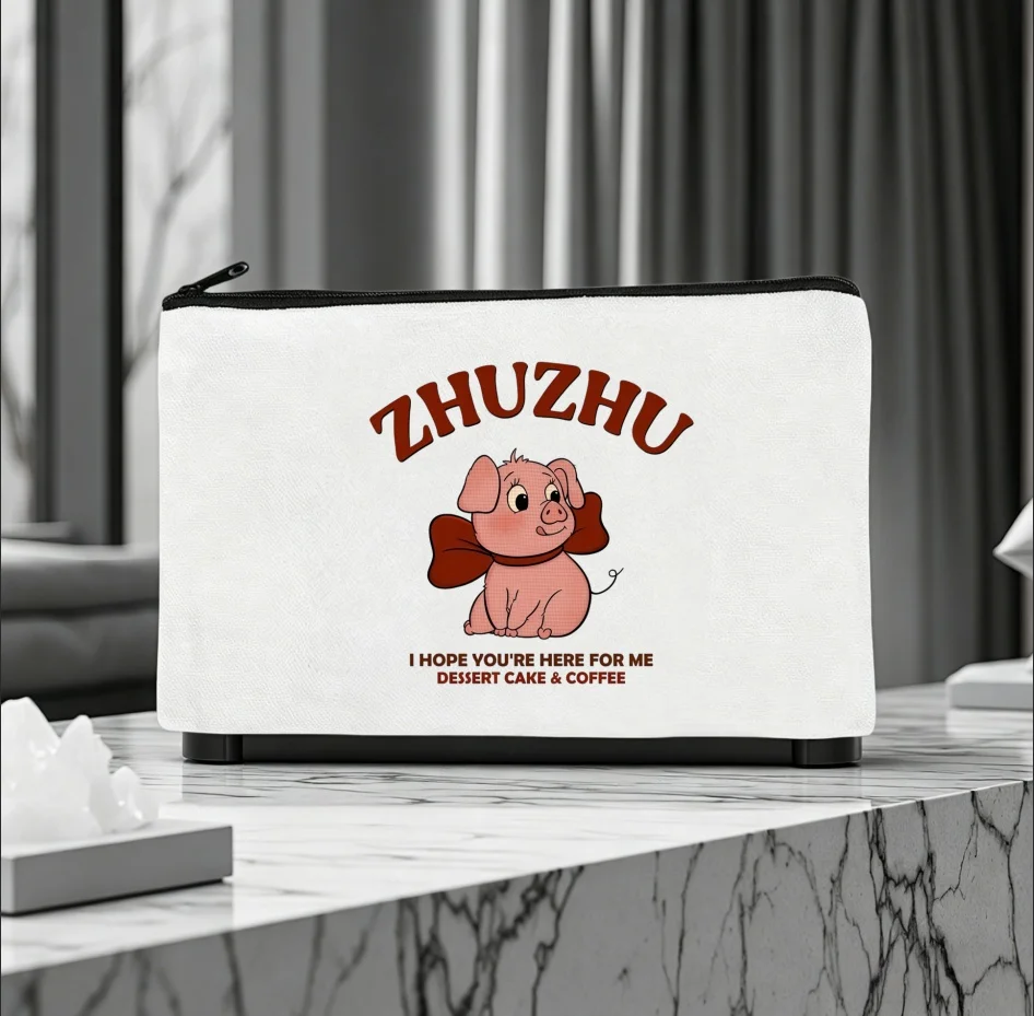1PC Double-sided Canvas Pouch Bow Pink Pig ZHUZHU Zipper Cosmetic Storage Bag