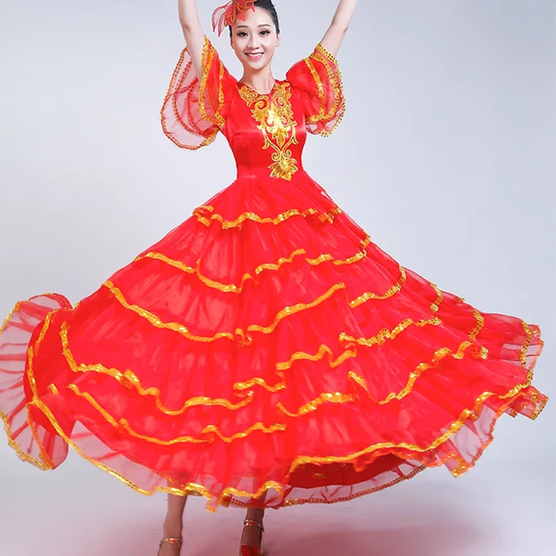 Estilo cigano moderno feminino espanhol flamenco saia desempenho trajes de dança do ventre plissado vestido equipe desempenho dl3479