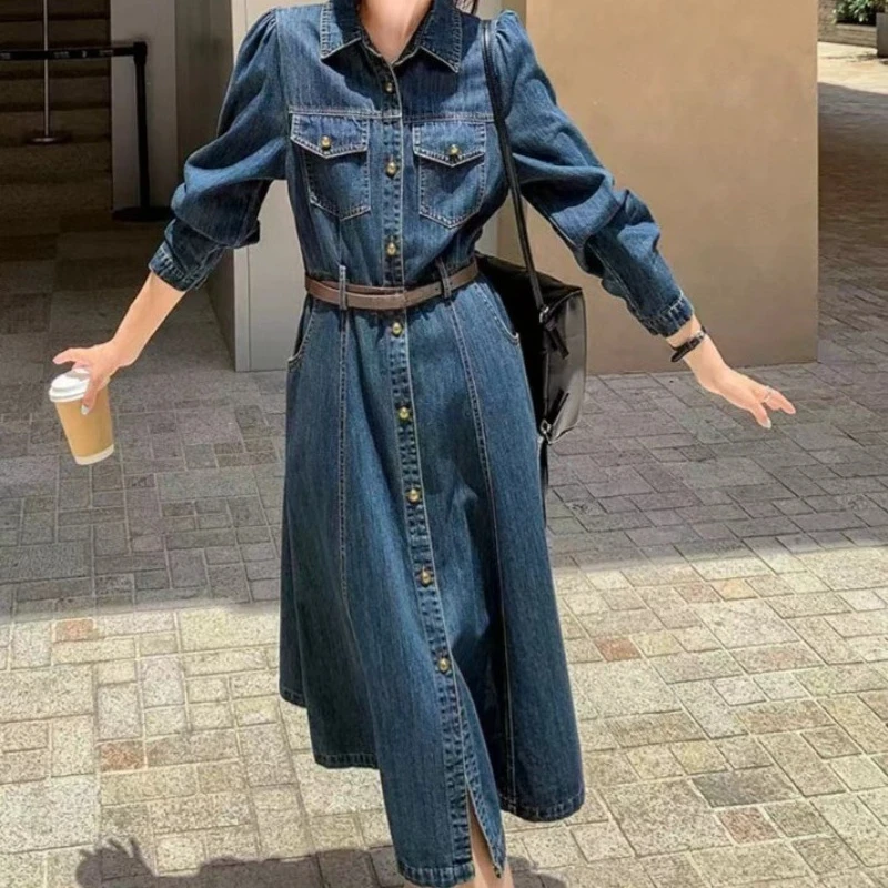 Early Autumn Vintage Women's Denim Dress Spring Autumn 2026New Leisure Solid Color Elegance Slimming Fashion Women Clothing