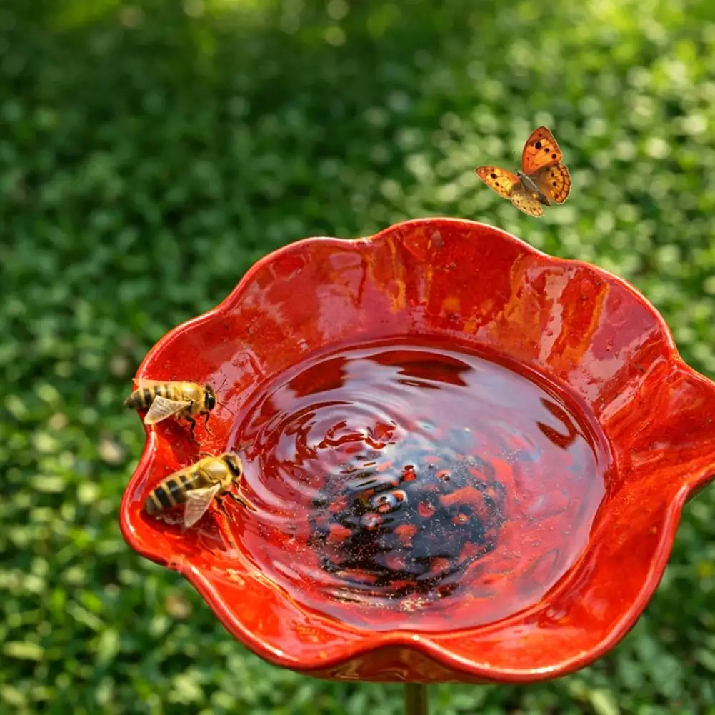 Metal Flower Garden Stake Pollinator Friendly Water Feeder Outdoor Bird Bath with Stake Bee Watering Station for Garden Bird Bat