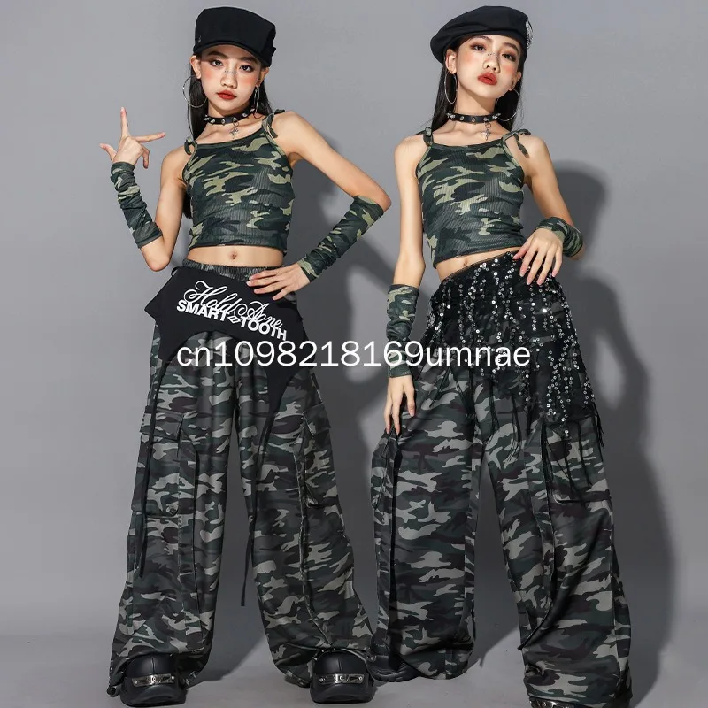 Girls K-pop Crop Top Camouflage Cargo Pants Kids Hip Hop Street Dance Costumes Children Jazz Girl Group Streetwear Clothes Sets