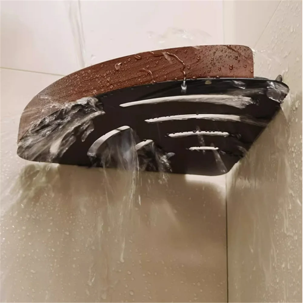 Walnut Aluminum Bathroom Storage Rack Black Bathroom Shelf Wall-Mount Bath Caddy Rack Bathroom Corner Shelf Kitchen Storage Rack