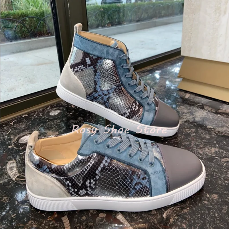 

Gray Leather Suede Stitching Snakeskin Texture Men's Casual Shoes Contrast Color Flat Lace Up Sneakers Fashion Casual Suit Shoes