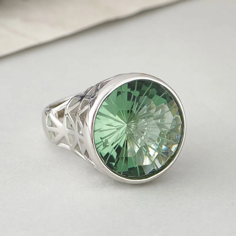 

S925 Sterling Silver Charms Rings for Women New Fashion Exaggerated Tangent Plane Green Crystal Hollow Jewelry Wholesale