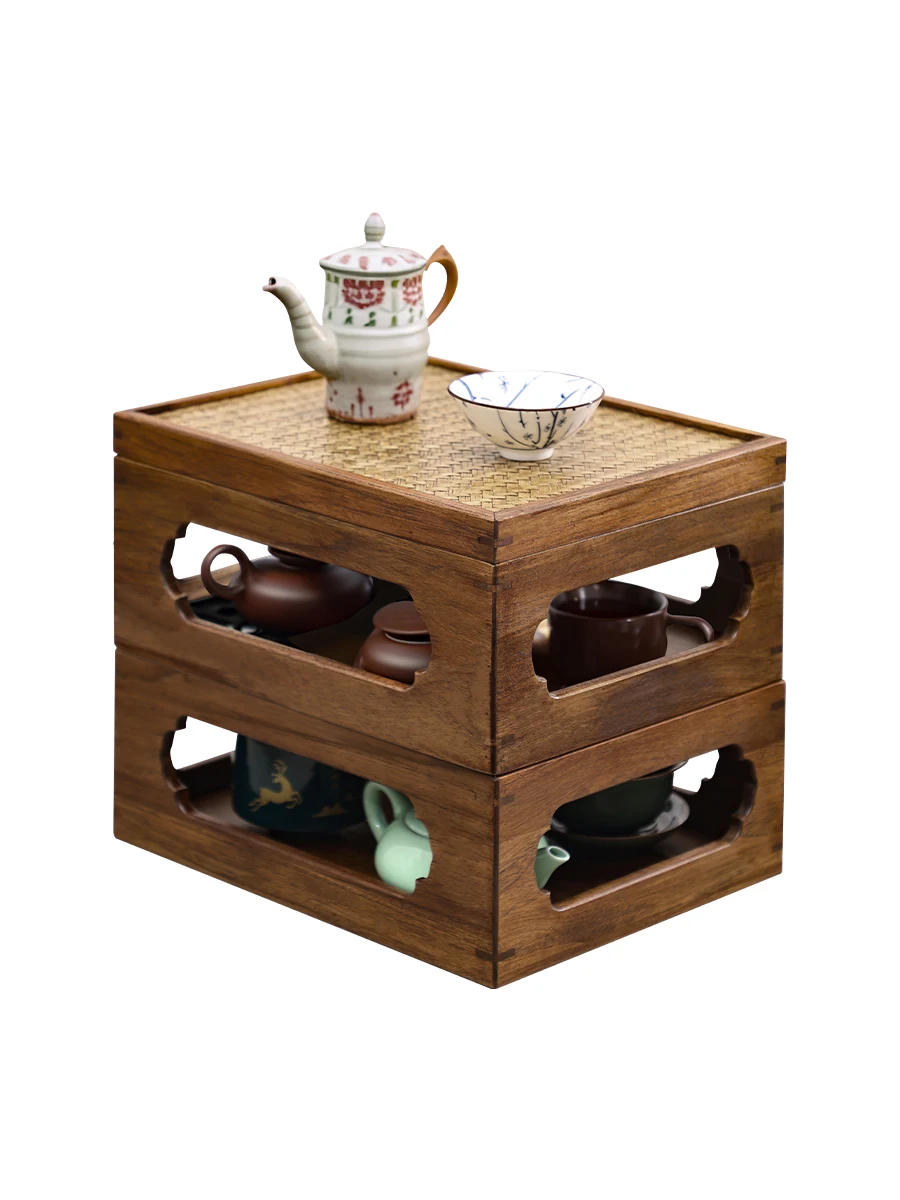 Chinese solid wood kung fu tea set storage box, tea tray, purple clay pot storage shelf, teapot teacup shelf, storage rack