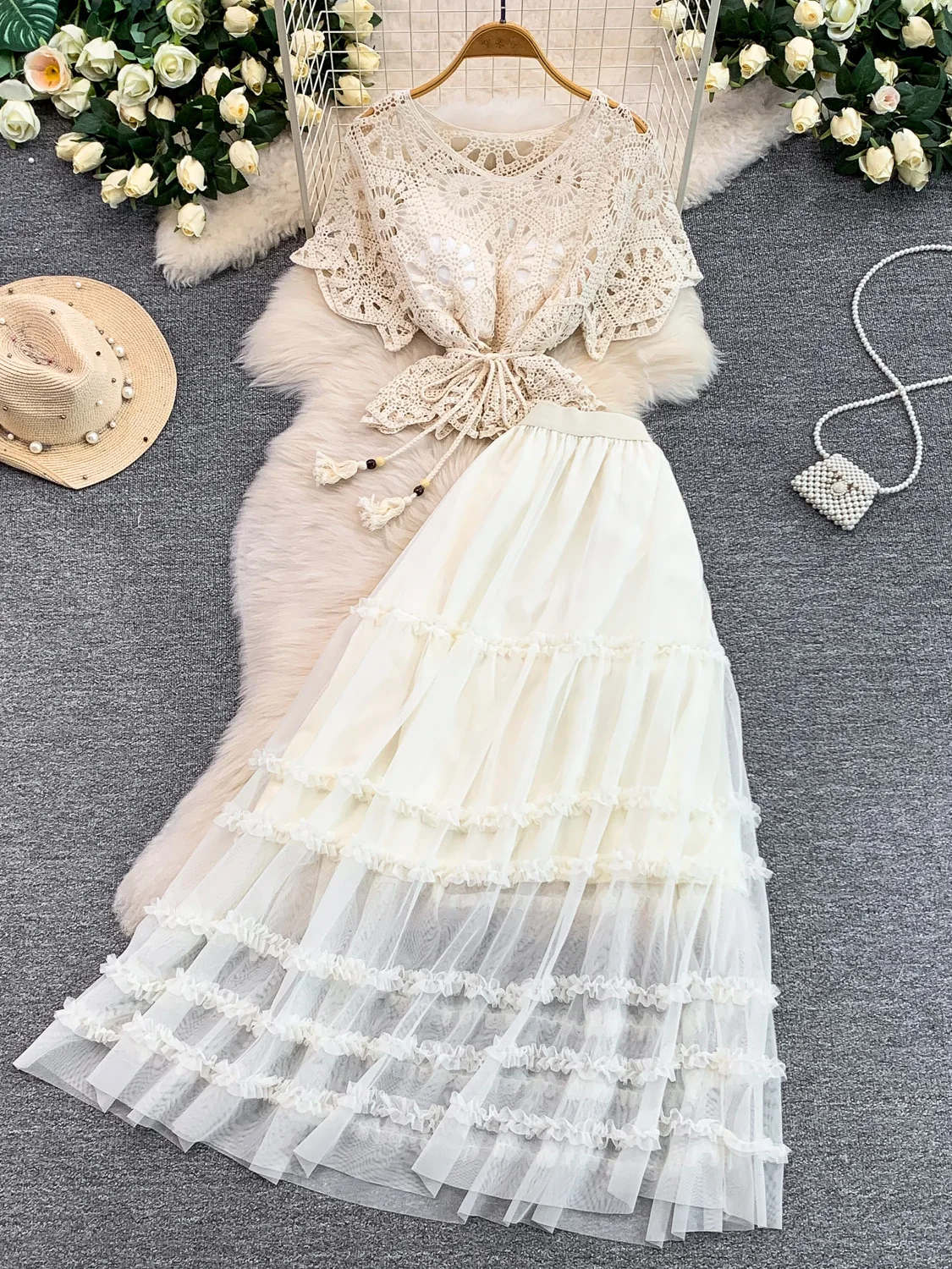 

Sweet Fairy Atmosphere Hollow out Knitted Top with Chest Pad Three Piece Set High Waist Cake Skirt Vacation Style Casual Wear
