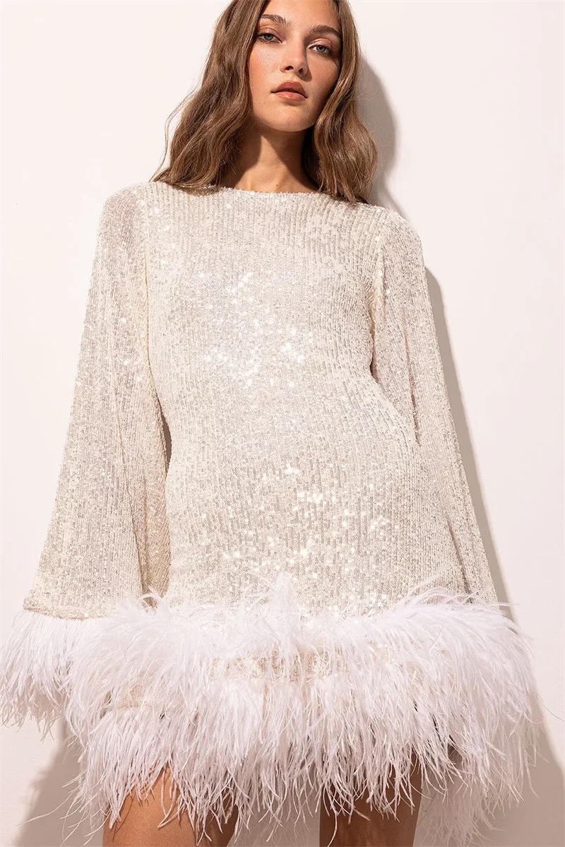 

Fashion Women Round Neck Long Sleeve Dress Sequin Feather Splicing Backless Party Club Dresses