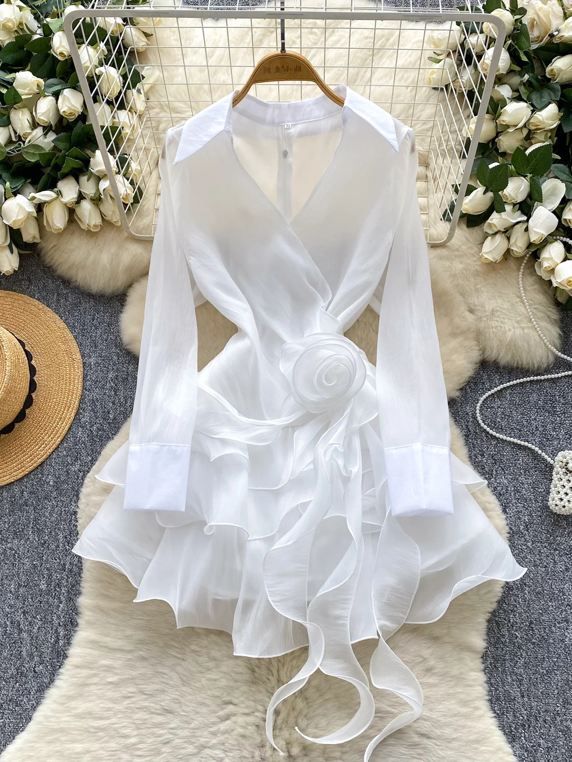 Elegant Long Sleeve V-Neck Summer Dress Women's Fashionable Short Skirt with Lace Trim 3D Flower Design Commute Korean Style