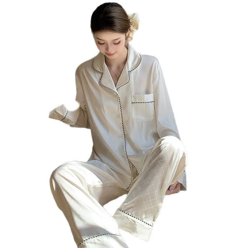 طقم بيجامات مكون من قطعتين من الحرير الجليدي لخريف وشتاء 2025 بنمط الماس الأبيض عالي الجودة بأكمام طويلة ملابس نوم ملابس منزلية #5