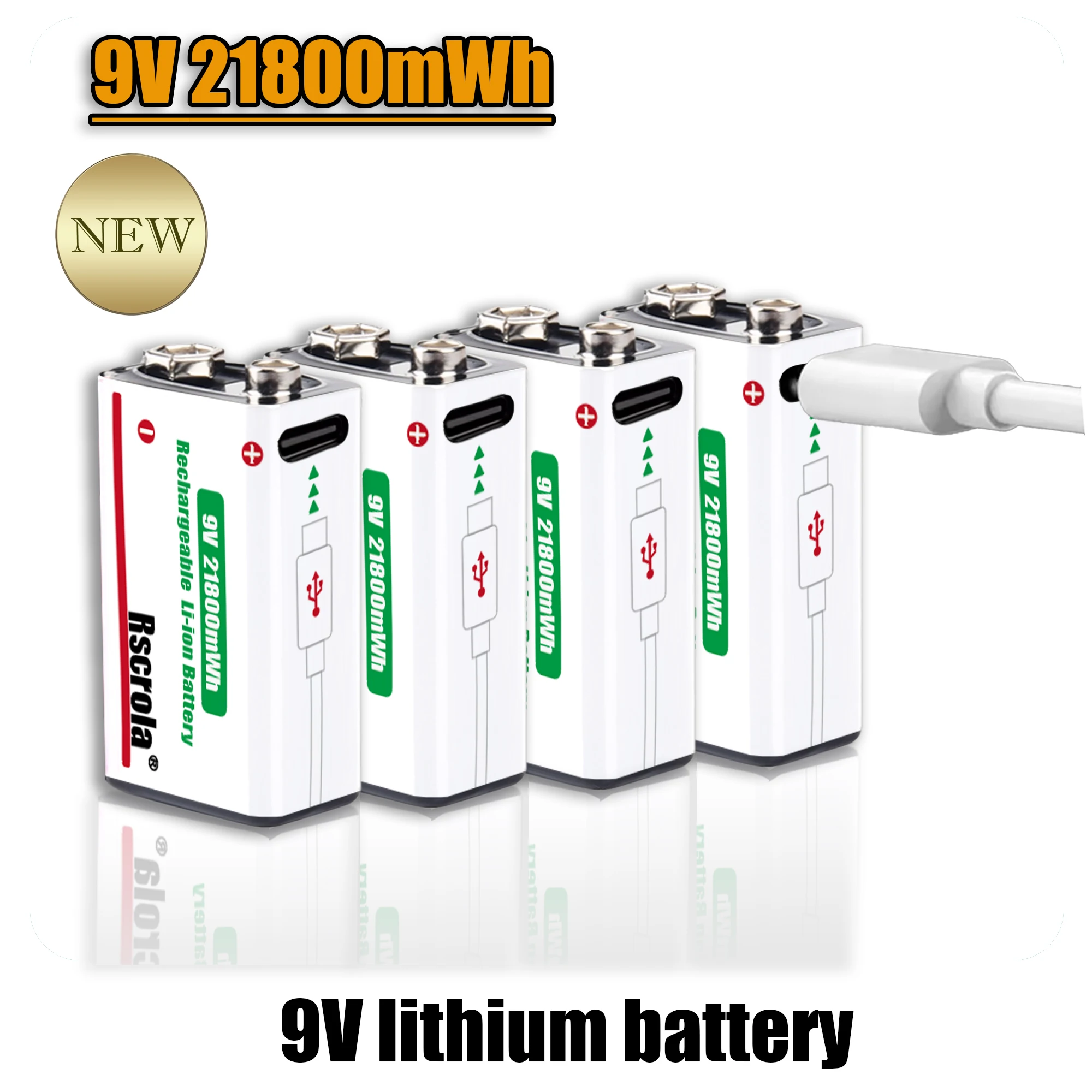 Batterie Lithium-ion Rechargeable longue durée 9V, 21800mWh, haute capacité pour guitare, Microphone, détecteur de fumée, pédale avec câble
