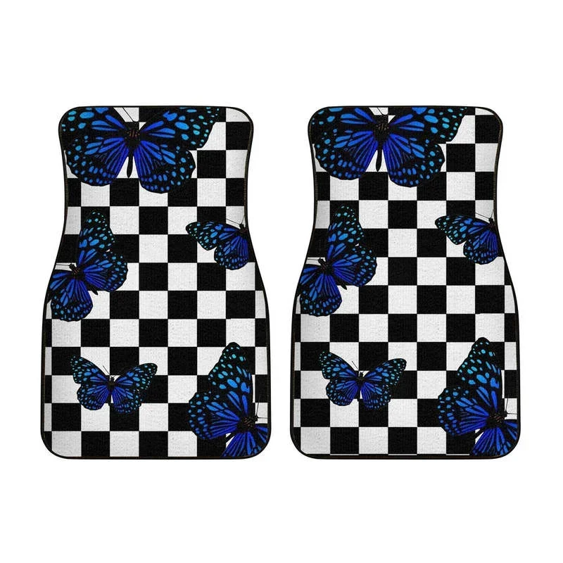 Blue Butterfly Checkerboard Car Floor Mats Custom Car Accessories 4PCs Pack