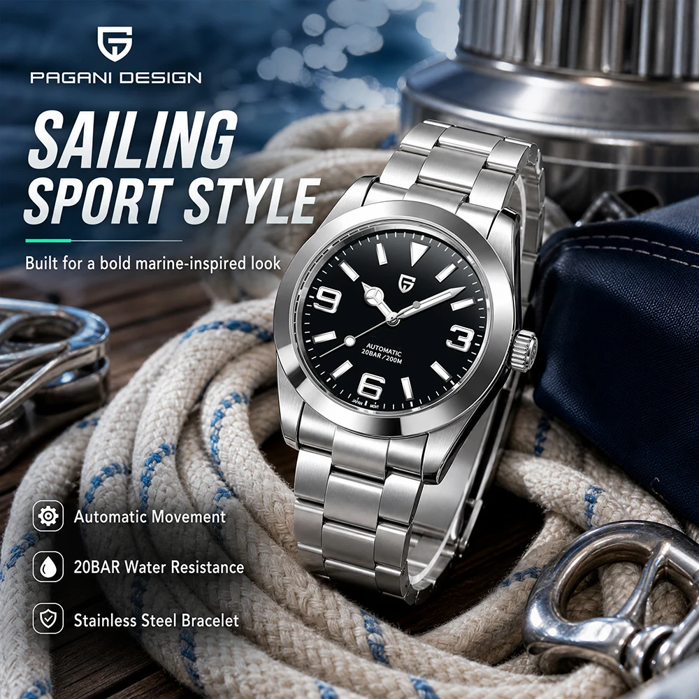 

PAGANI DESIGN Men's Automatic Mechanical Watch 20Bar Waterproof Diving Sports Watch luminous Stainless Steel Military Wristwatch