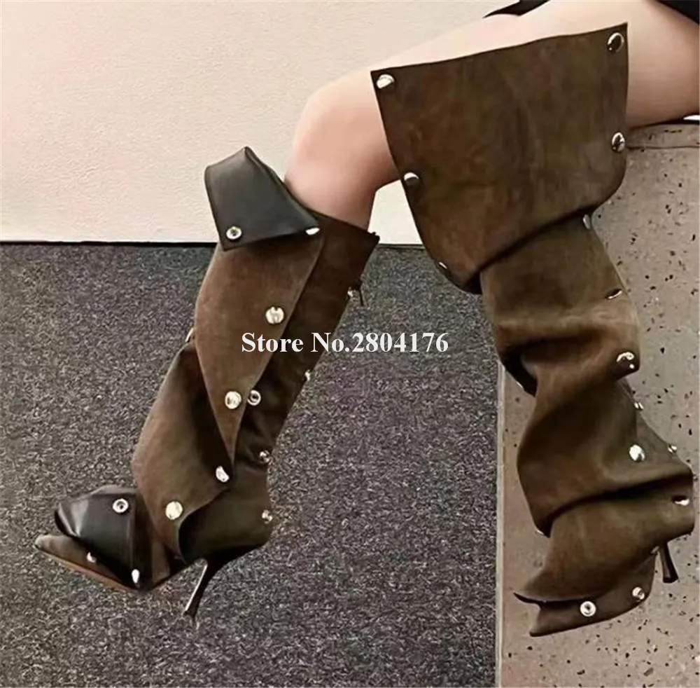 

Western Style Denim Thin Heel Loose Knee High Boots Brown Blue Metal Buttons Patchwork Long High Heel Boots