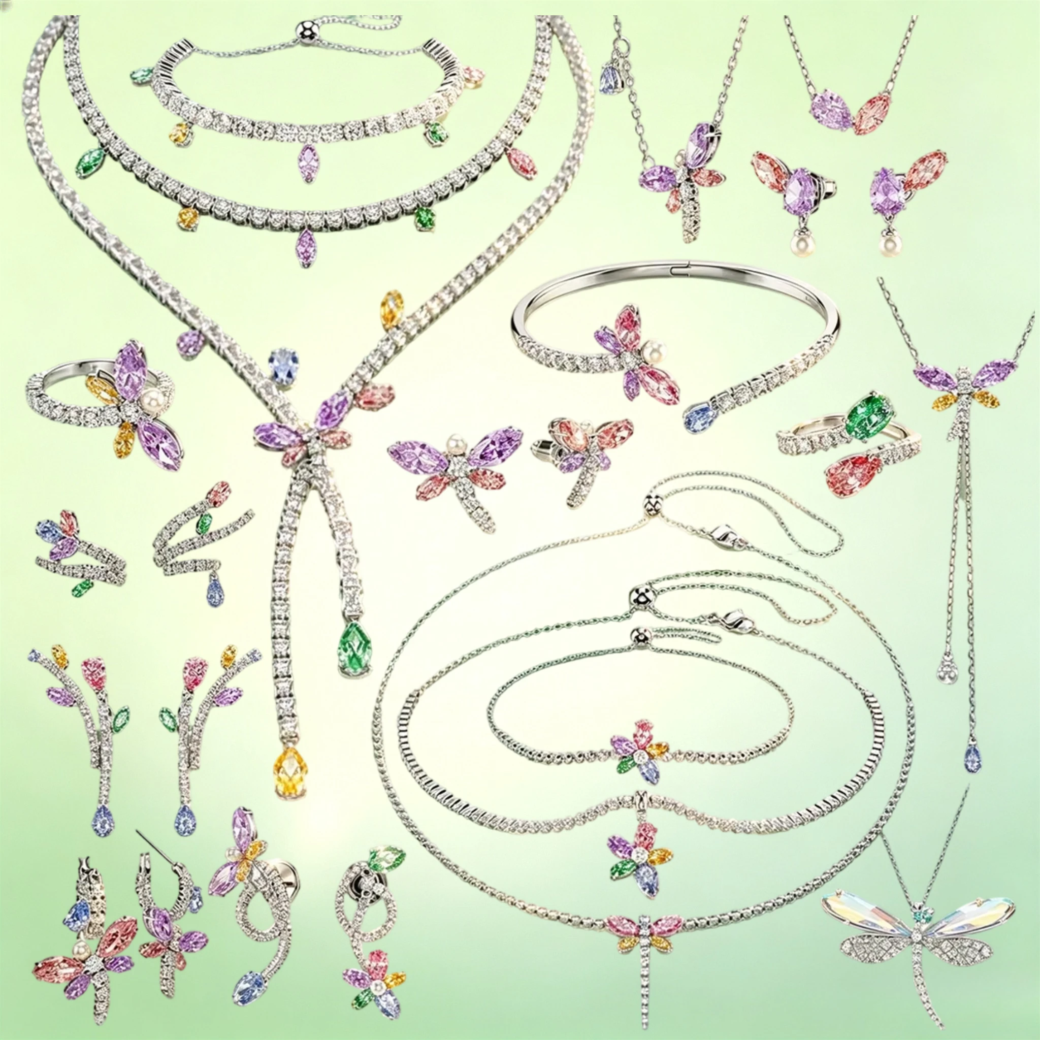 Women Exquisite Multicolor Butterfly Floral Cubic Zirconia Jewelry Set Imitation Pearl Pendant Necklace Long Dangle Earrings Adj
