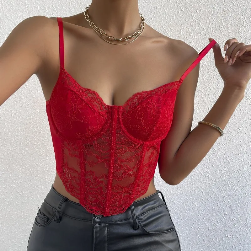 

Sexy Lace Underwire Fishbone Crop Top Backless Hottie Perspective Corset Red V-neck Elegant Push Up Vest