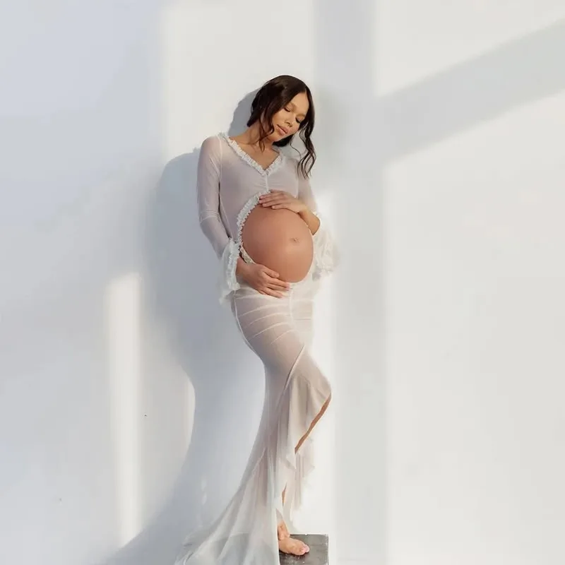 

Maternity Dresses Photography Stretchy Transparent Mesh Lace Maxi Dress Belly Baring Floor Length Gown For Pregnancy Photo Shoot