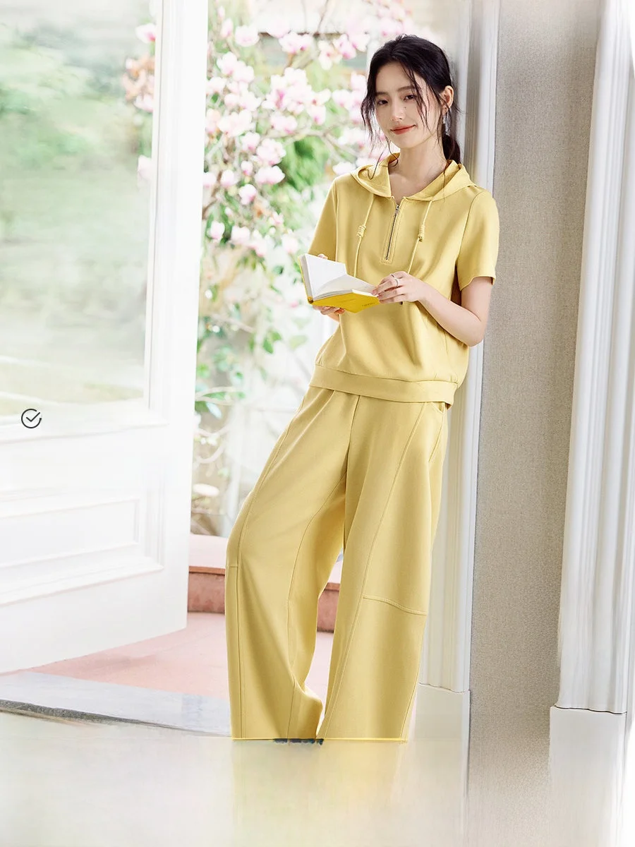 

XWI Casual Cotton-Free Hoodie Set Women's Spring Summer Short Sleeve Two-Piece Suit Elegant Style Air Layer Pants Sun Protection