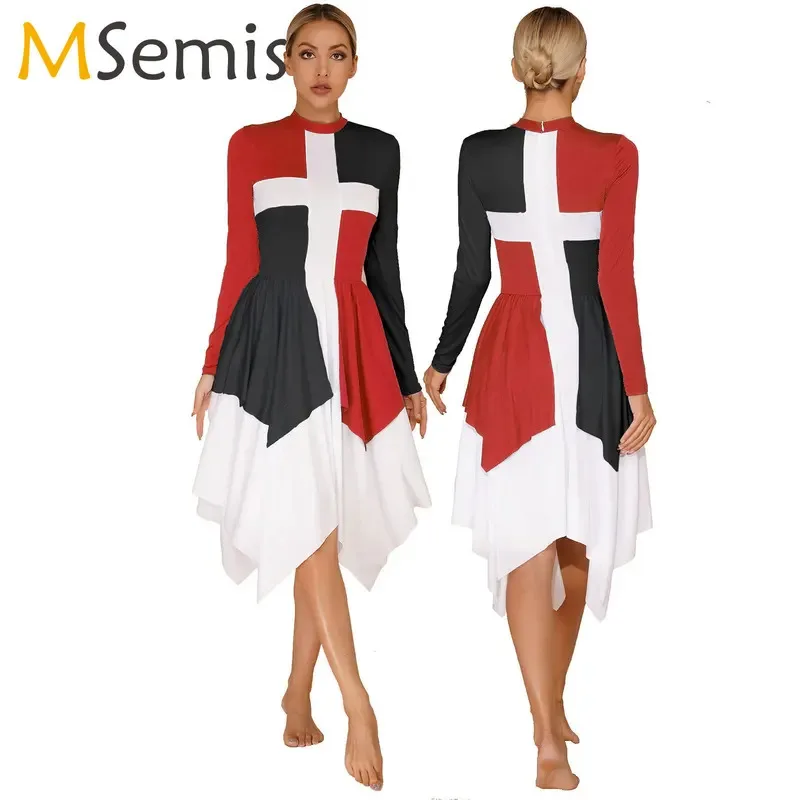 

Women Cross Liturgical Praise Dance Dress Color Block Ballroom Church Worship Liturgical Celebration Spirit Praise Dancewear