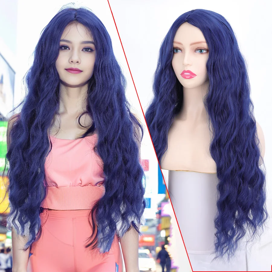 Synthesis long straight hair and long curly hair wig for women  women role Play Heat resistant wig Blue orange cyan wig