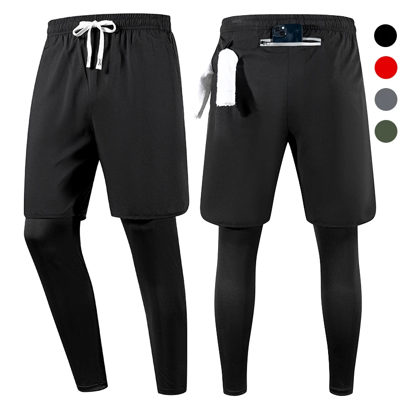 

Мужские спортивные брюки для бега 2 в 1, с карманами, петлями для полотенец, быстросохнущие компрессионные брюки для тренировок в тренажерном зале для мужчин, тренировочные фитнес-брюки
