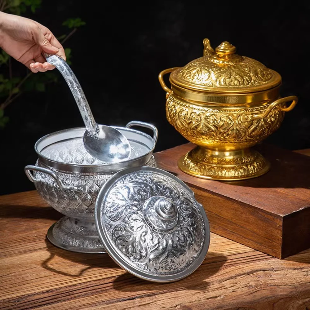 وعاء حساء من القصدير السيامي التايلاندي، وعاء توم يوم جوونج التقليدي المصنوع يدويًا، وعاء طعام بارد مع ملعقة، أدوات مائدة تايلاندية للمطبخ المنزلي