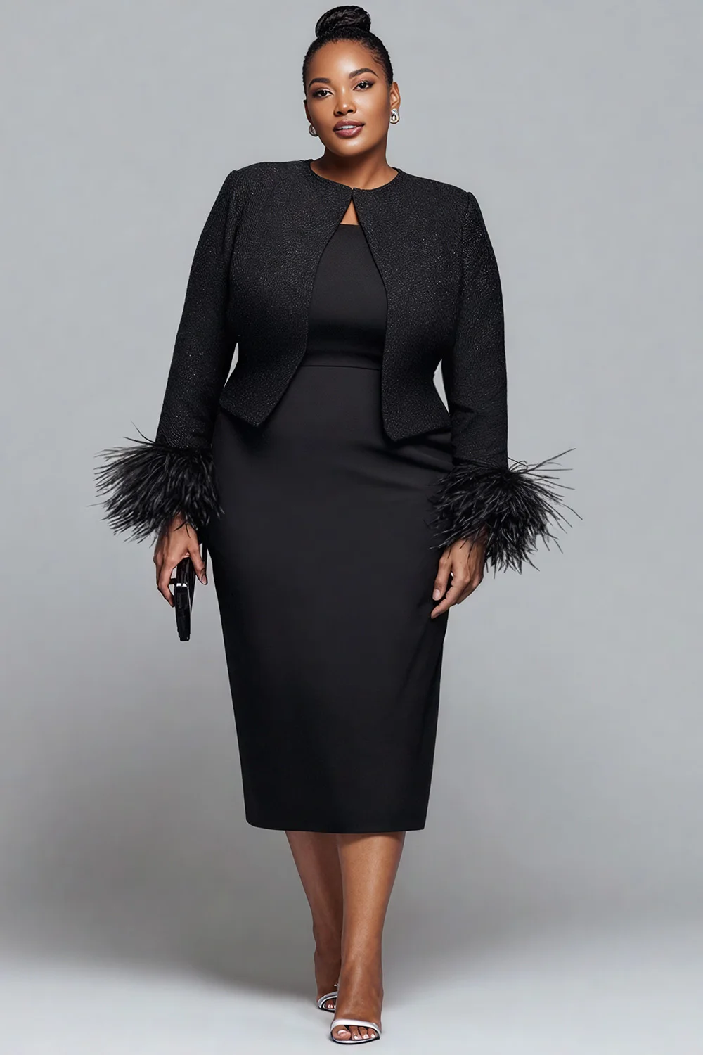 

Plus Size Cocktail Party Black Round Neck Long Sleeve Feather Elegant Two Piece Dress Set