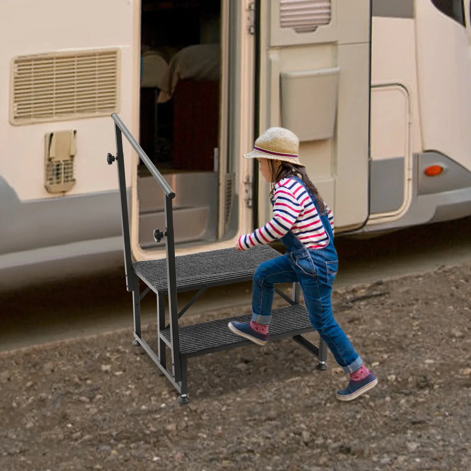 خطوات الشرفة بخطوتين مع درابزين جانبي واحد ووسائد ناعمة سلم غير قابل للانزلاق مقعد محمول ديكور منزلي لمقطورة السفر #2