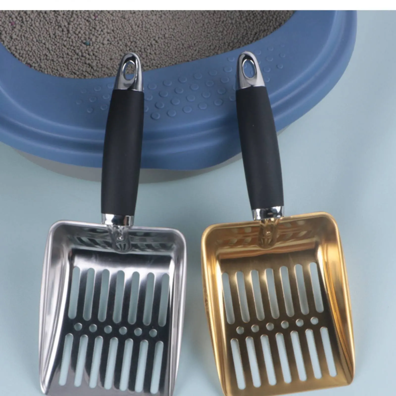 

Thick Stainless Steel Litter Shovel Thickened Stainless Steel Litter Scoop Poop Sifter Scoop Non-Slip Handle High Mesh Density