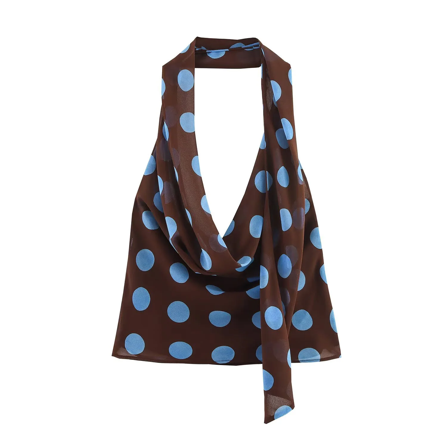Summer new women's thin scarf polka dot hanging neck collar top asymmetrical mid waist semi transparent skirt set