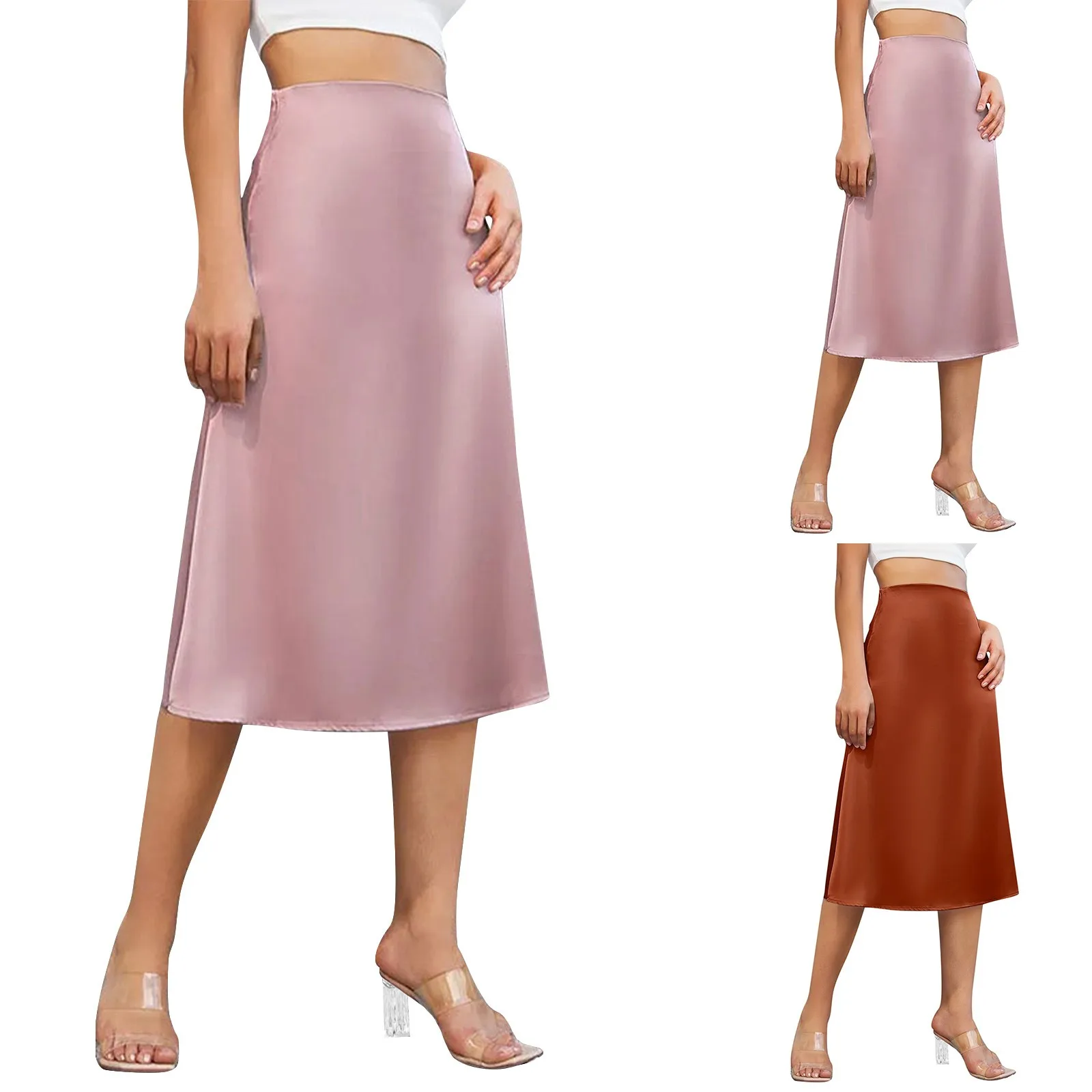 

High Waist Elegant Skirt Womens Midi Skirt Satin Silk Solid Dress Zipper Skirts For Summer Business Ladies Formal Skirt Womens