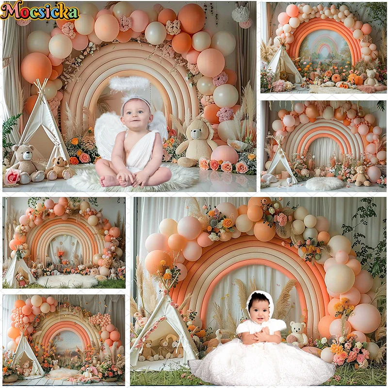 

Mocsicka Photography Background Boho Rainbow Balloon Bear Kids Birthday Party Cake Smash Portrait Decor Backdrop Photo Studio