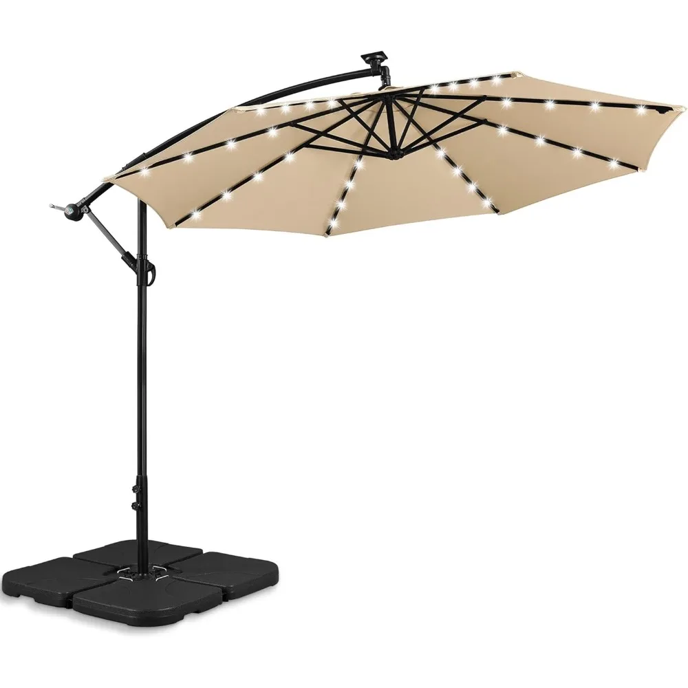 

10 Ft Patio Offset Umbrella with 32 LED Lights & Cross Base Outdoor Hanging Cantilever Umbrella Banana Parasol Sun Shade Shelte