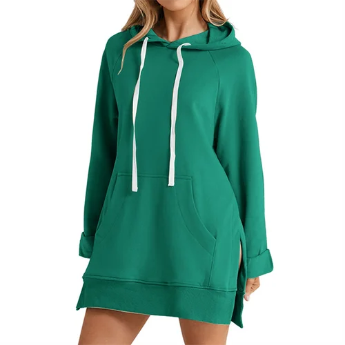 Imagen 2 del producto Vestido con capucha para mujer, dobladillo con abertura, cordón, suelto con bolsillo grande, jersey con capucha, Top de longitud media, sudadera deportiva para citas y desplazamientosCYXX385