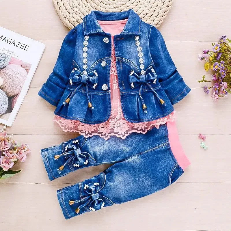 Set Anak Perempuan Pakaian Denim 3 Potong Pakaian Musim Semi dan Musim Gugur Setelan Bayi Perempuan