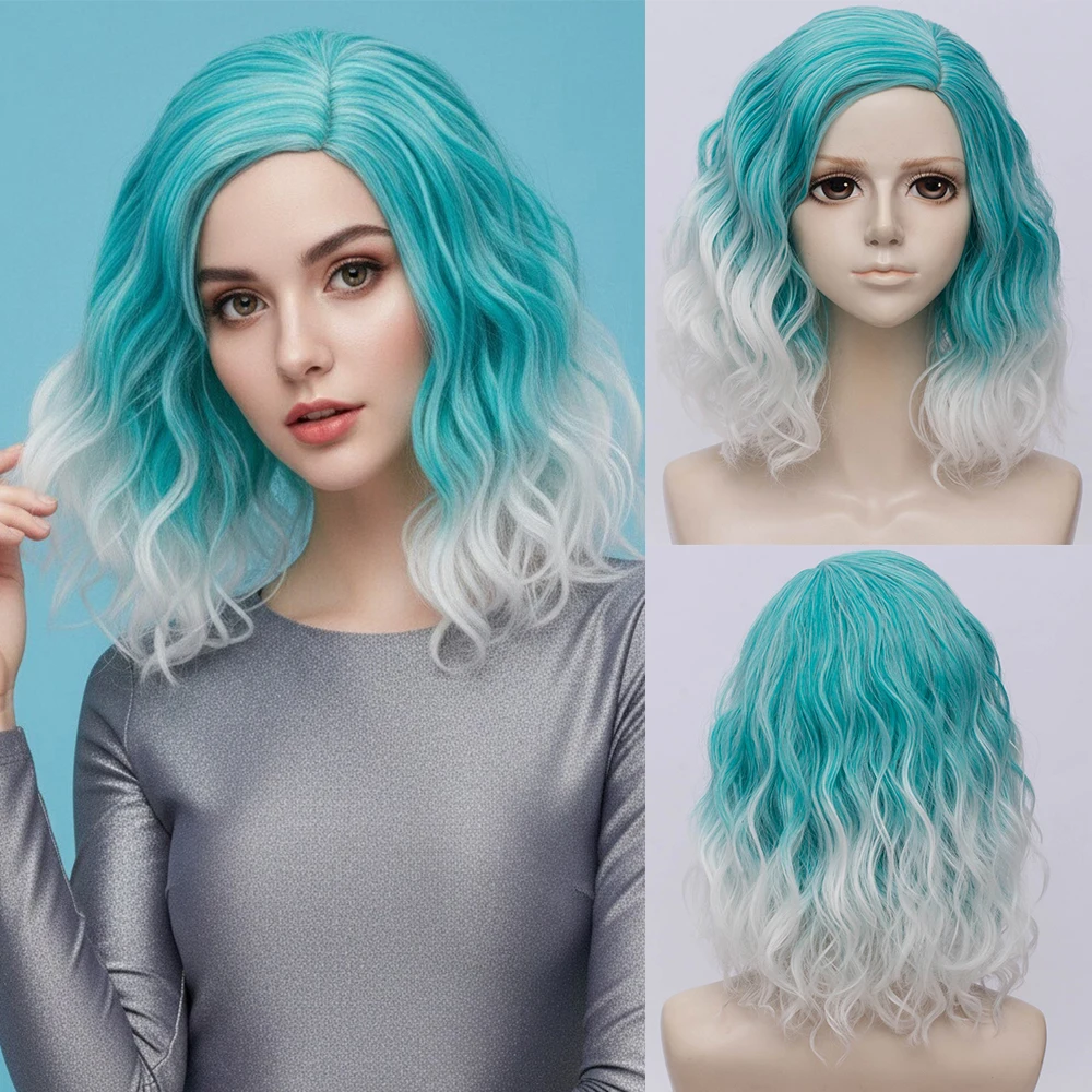 

Женский синтетический короткий зеленый градиентный белый вьющийся парик с боковой челкой для белых женщин, повседневная одежда, искусственные волосы