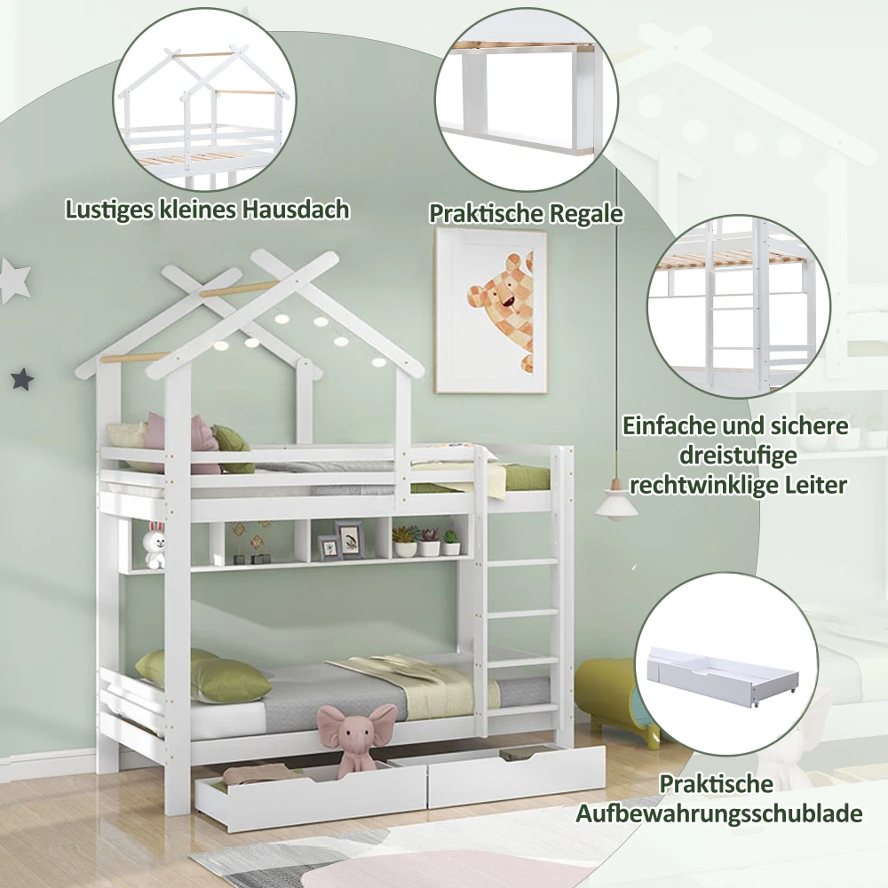 PINGGO Etagenbett mit Schubladen, Regalen, Hausbett, 3-stufige Leiter, Kiefernholzrahmen, Weiß, 90x200cm, Kinderbett mit Fallschirmgitter – Detail 7