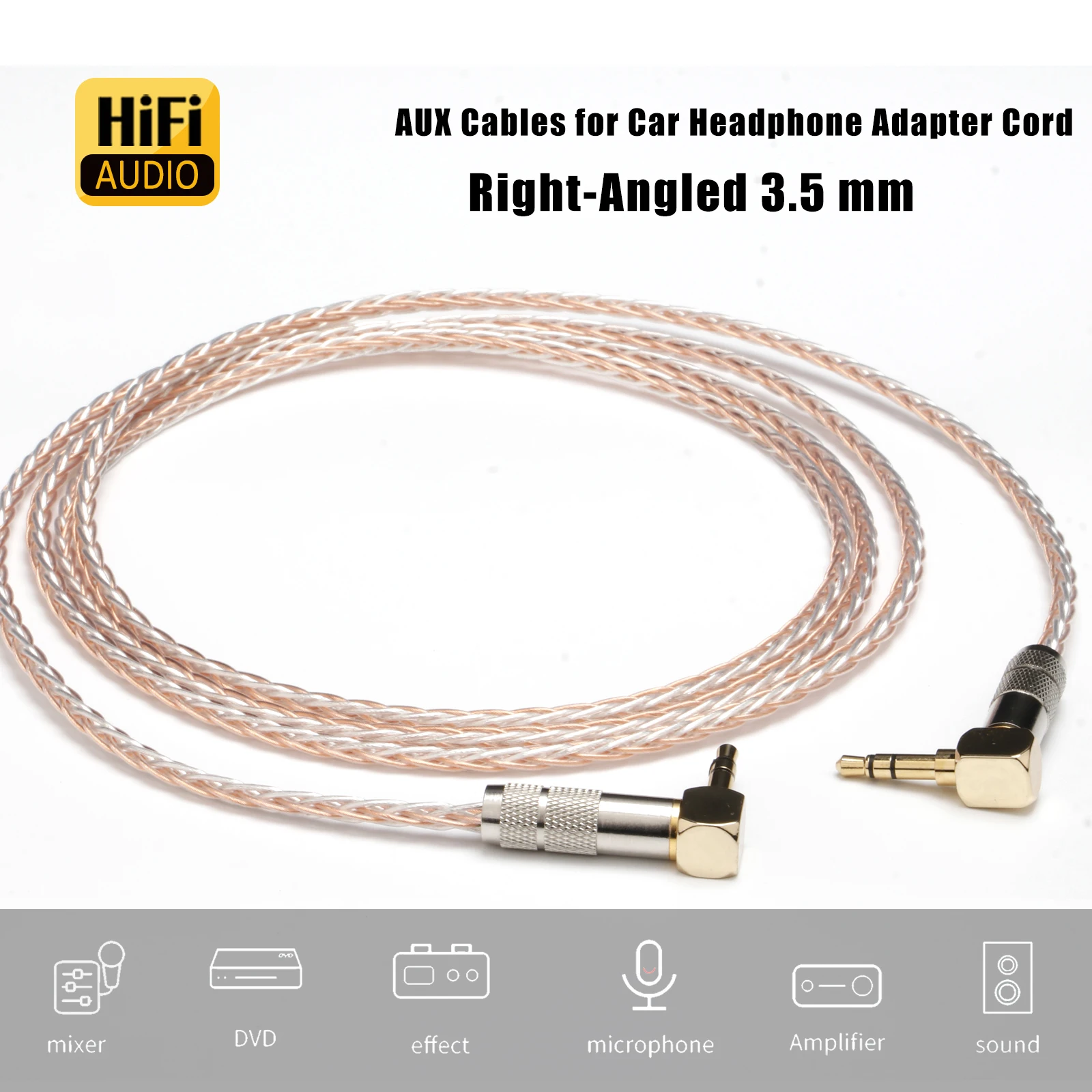Cabo Adaptador de 8 Fios 3.5MM para 3.5MM com Conector em Ângulo Reto, Cabo de Fone de Ouvido OCC com Revestimento de Prata, Cabo Auxiliar para Celular, Computador e Alto-falante de Carro