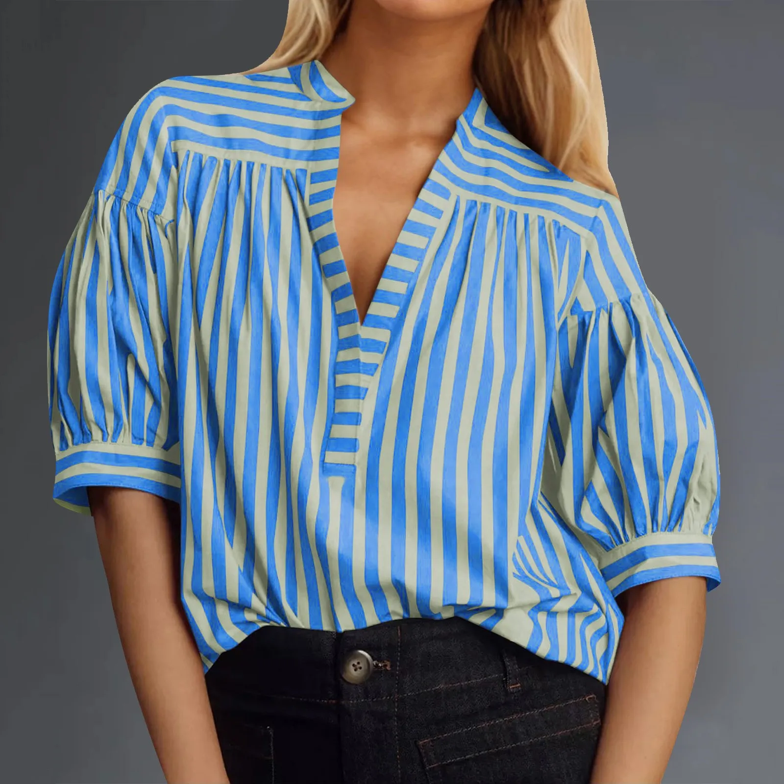 Business Shirts Women's Puff Short Sleeve Striped Print V Neck Loose Casual Blouse Summer Work Versatile Shirt for Women