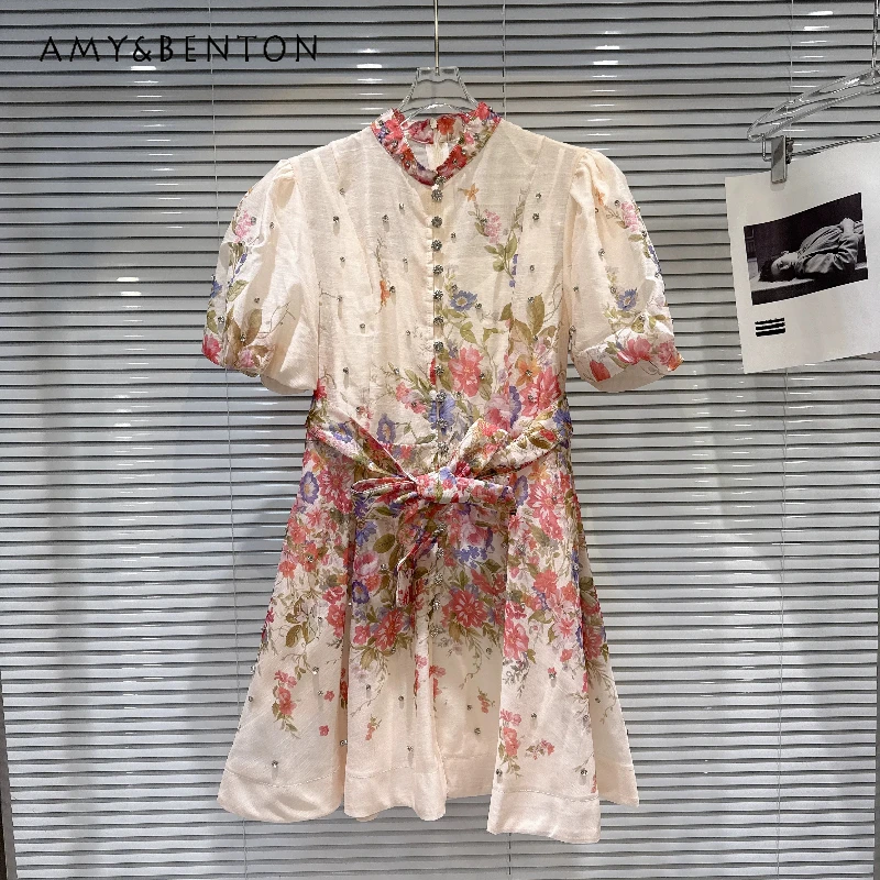 

Chinese Stand-up Collar Bead Colorful Flower Print Puff Sleeve Women's Dress 2026 Summer New Loose Thin Short Dresses Ladies