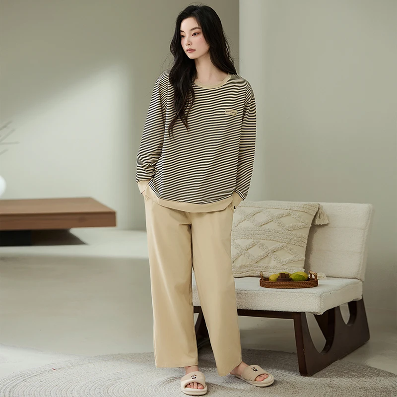 

Big Size M-4XL Spring and Autumn Women Knited Cotton Pyjamas Female Long Sleeve Striped Sleepwear