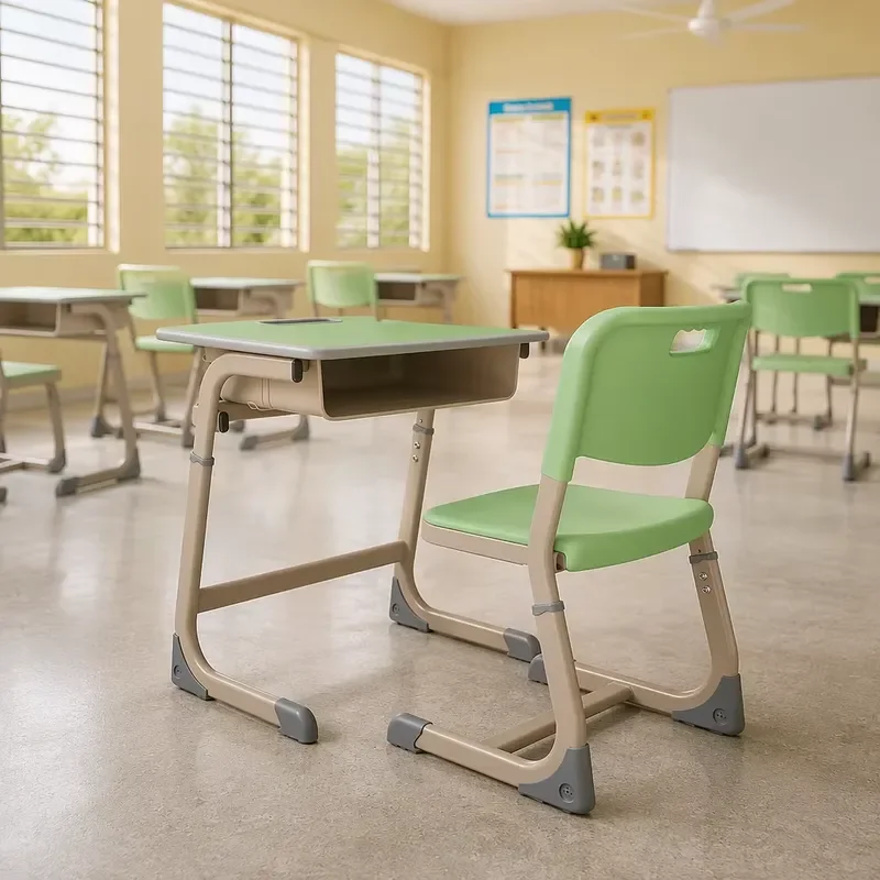 Student Desk Chair Set Seat Height 450mm 18mm E1 MDF Desktop HDPE Molded Shell Steel Square Tube Frame Book Box