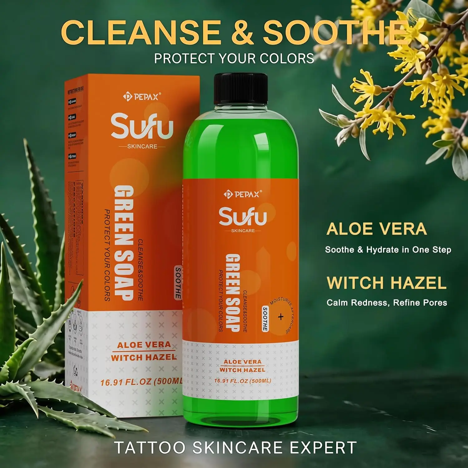 PEPAX SuFu Tattoo Green Soap and Wash Bottle Kit Cleaning Solution Green Algae Soap Foam Squeeze Bottle Tattoo Accessories